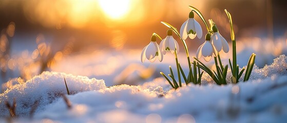 Spring snowdrops in a blooming spring meadow. Sunrise and sunset light on snowdrops covered in snow