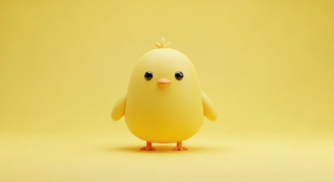 A cute yellow chick with a small tuft of hair on its head, standing on a plain yellow background with a soft shadow cast on the ground.