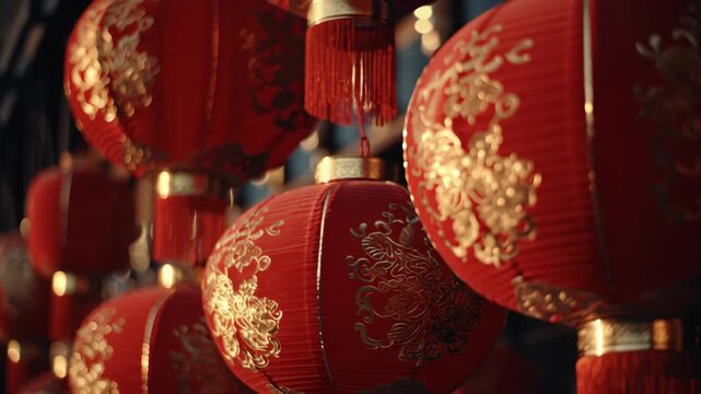 Close-up of Traditional Red Chinese Lanterns Decorated with Gold Patterns for Lunar New Year Celebrations