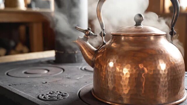 Copper kettle on a rustic stove with steam rising