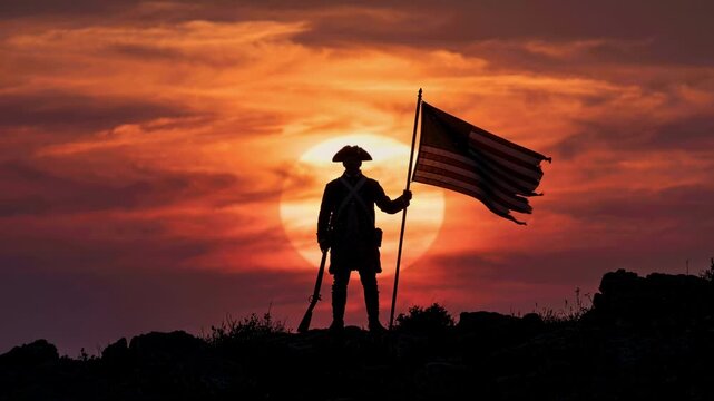 Silhouette of an American revolutionary soldier holding a flag at sunset. Colonial patriot with a musket standing on a hill during the war for independence. USA history concept