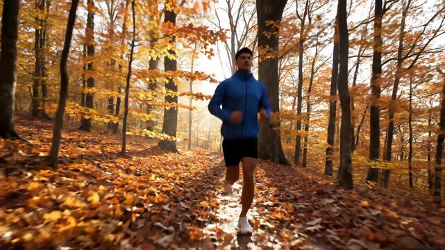 Man running in autumn forest
