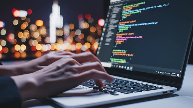 Person typing on laptop with city lights