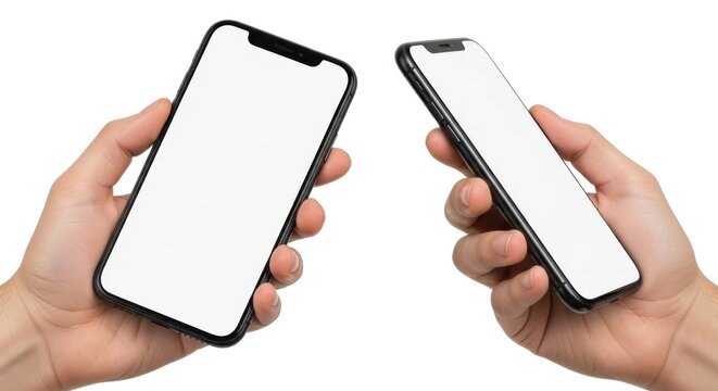 Two hands holding a smartphone with a blank white screen, one hand holding the phone vertically and the other holding it horizontally.