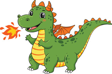 Obraz premium Cute cartoon baby dragon breathing fire, green dinosaur character with wings, fantasy animal vector illustration for kids and children design