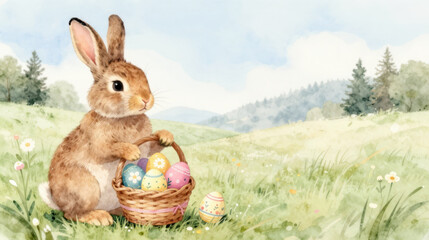 Fluffy rabbit holds wicker basket of colorful Easter eggs in sunlit meadow with wildflower and rolling hill landscape evoking joyful spring celebration © sumon78