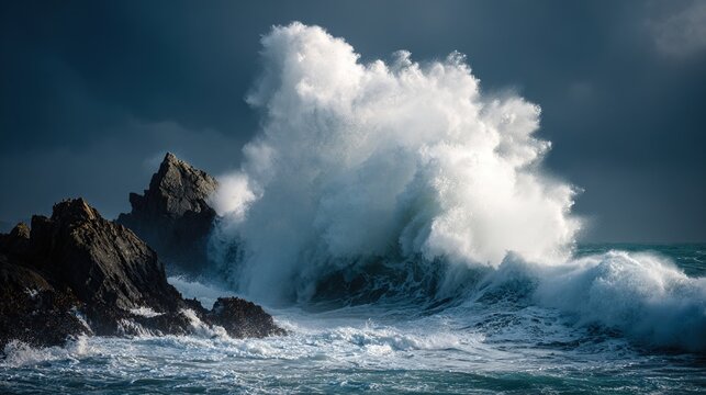 violently. A massive wave hurls seaweed into the air from a rocky outcrop during a storm. ESG reports, sustainability campaigns, designed for environmental awareness campaigns.