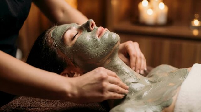 Woman getting a facial massage with a green clay mask in a spa salon. Therapist hands massaging neck and shoulders of a female client with closed eyes. Beauty skincare and wellness concept