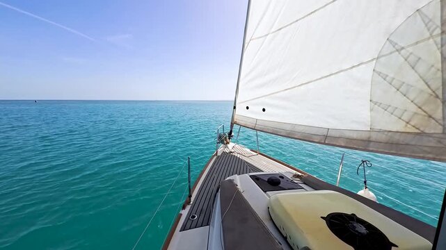 Landscape view from bow of luxury sailing boat yacht with detail of main mast and rigging showing blue ocean background