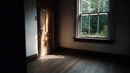 Fototapeta premium Sunlight streams into an empty old room through a window and door casting dramatic shadows on wooden floors