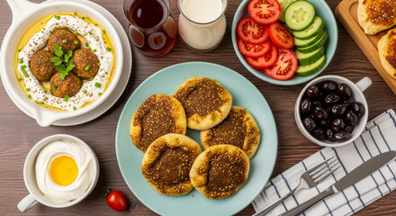 Middle Eastern Breakfast Feast Featuring Za'atar Manakish, Falafel in Labneh, Fresh Vegetables, and Olives on a Wooden Table
