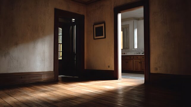 Dramatic sunlight and shadows illuminate an empty old room with doorways leading to other spaces