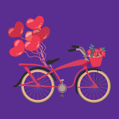 Fototapeta premium Valentine's Day, Vector, Bicycle, Heart Balloons, Red Roses, Flower Basket