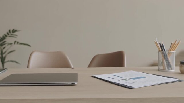 Modern office desk with laptop, phone, documents, and meeting space