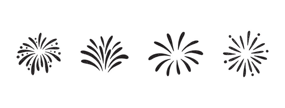 Firework doodles and festive hand drawn firecrackers set. Minimal sketch style celebration icons with stars, sparkles, explosive bursts. For birthday, carnival, holiday events. Vector illustration