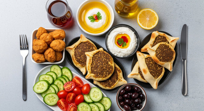 Authentic Middle Eastern Mezze Platter Featuring Za'atar Fatayer, Crispy Falafel, Labneh, and Fresh Salad for Iftar