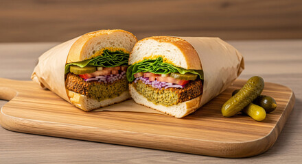 Hearty Vegan Falafel Sandwich with Crisp Vegetables and Mustard, Presented on a Wooden Board for Lunch or Street Food