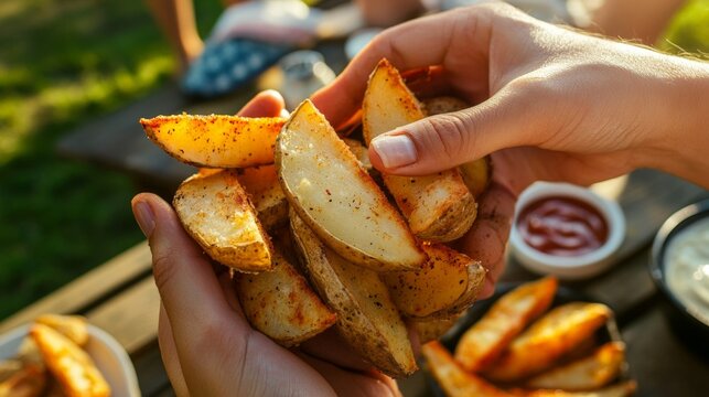 A person is holding a plate of potato wedges. The plate is on a table with other food items
