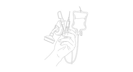 Close up of a medical professionals hands holding an IV drip bag and equipment.