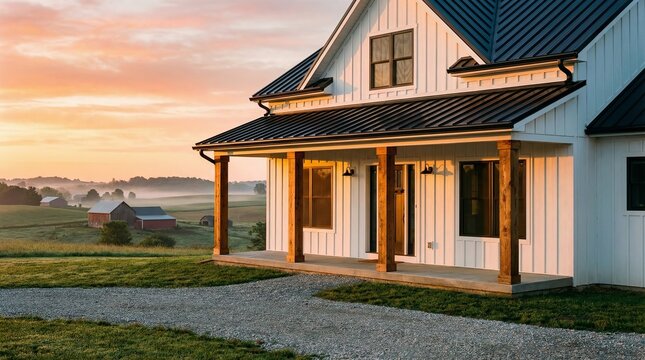 Modern farmhouse exterior, white board and batten siding
