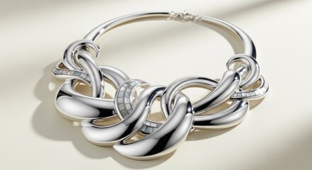 Fototapeta premium A silver necklace with intricate, interlocking links and a central, round pendant, set against a neutral background.