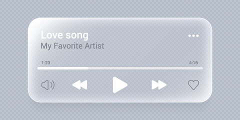 Music player eith liquid glass interface on transparent bg. Audio player widget mockup with play button, sound and favorite icon. 3D glass music app push with progress bar and realistic shadow. © viktoria_ngm