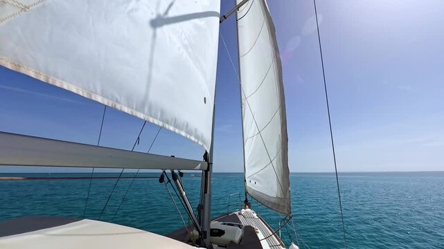 Landscape view from bow of luxury sailing boat yacht with detail of main mast and rigging showing blue ocean background
