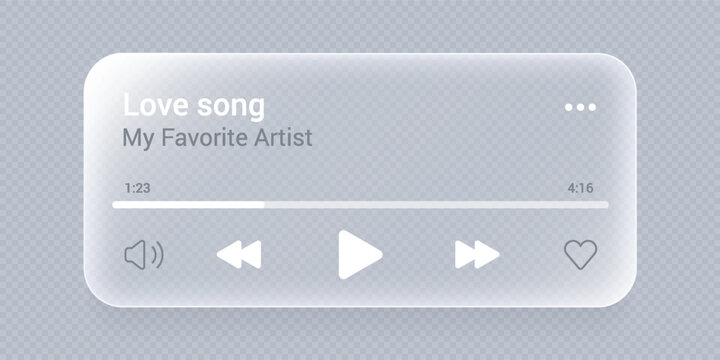 Music player eith liquid glass interface on transparent bg. Audio player widget mockup with play button, sound and favorite icon. 3D glass music app push with progress bar and realistic shadow.