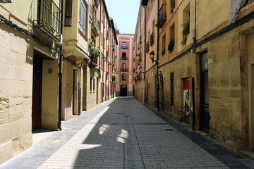 Fototapeta premium Entering Logrono with historic old town buildings on Camino de Santiago Frances in La Rioja Spain July 2024