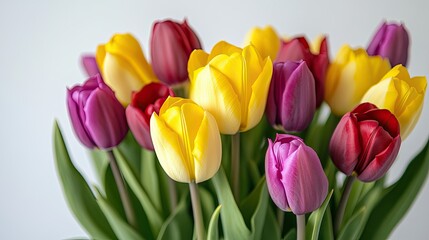 Obraz premium Bouquet of fresh yellow, purple and red tulips on a white background