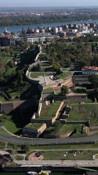 A drone flies over Kalemegdan Park in Belgrade