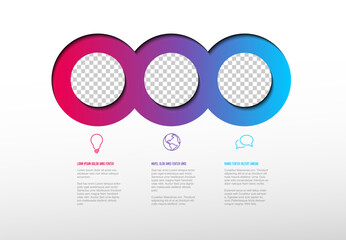 This infographic template features three vibrant gradient circle photo placeholders for a clear infographic layout. Use this professional infographic for presentations and data visualization needs.
