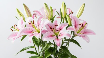 Obraz premium Fresh bouquet of pink lilies isolated on white background.
