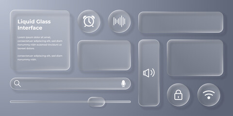 3D Liquid glass smartphone interface isolated. UI UX light frame rounded square and circle elements with a glow stroke. Collection design widget for smartphone and web app. © Designer Salim