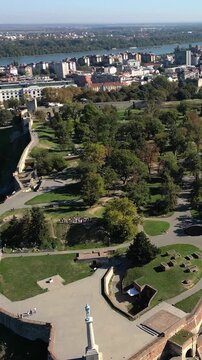 Aerial view of the historic Belgrade fortress and Kalemegdan park, showing the confluence of the Sava and Danube rivers in Serbia's capital