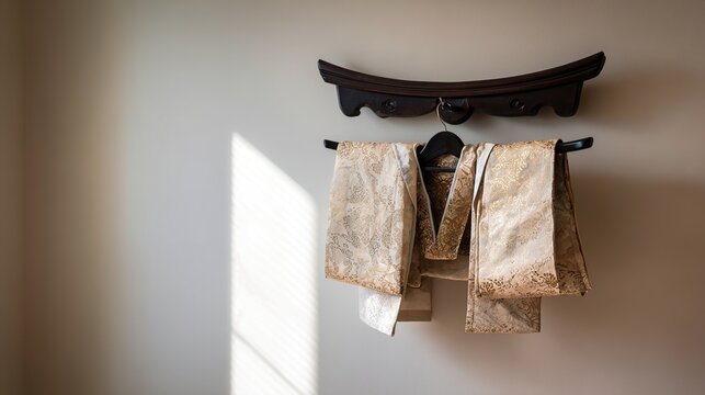 kamishimo. A formal Japanese kamishimo garment hanging on a hanger. event programs, museum guides, designed for cultural heritage projects and event programs.