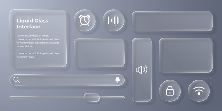 3D Liquid glass smartphone interface isolated. UI UX light frame rounded square and circle elements with a glow stroke. Collection design widget for smartphone and web app.