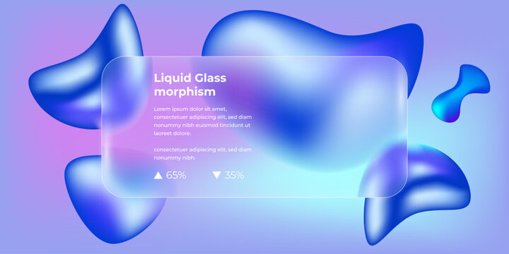 Transparent layout in glassmorphism style on light blue background. Realistic glass morphism frame with blurred abstract gradient fluid shapes. Liquid glass website landing page creative concept