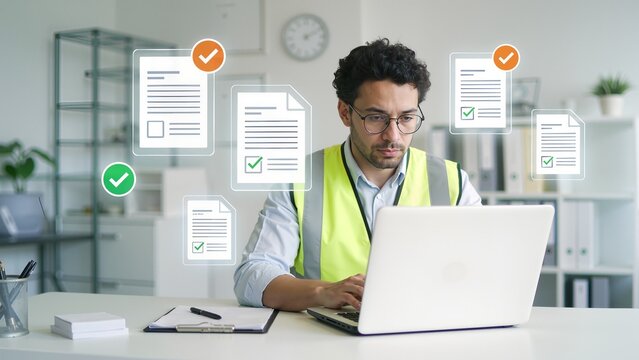 Man in safety vest working on laptop