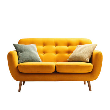 Bright Mustard Yellow Two Seater Sofa With Tufted Backrest And Wooden Legs On Dark Background couch