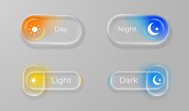 Set of day and night mode toggle. 3D liquid glass button set. Light and dark mode switch buttons for UI design