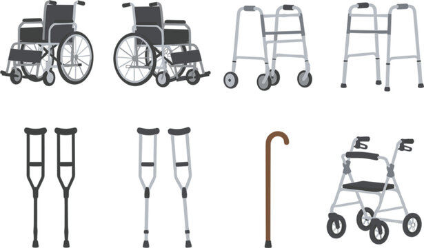 Mobility Aid Equipment Set with Wheelchair Walker Crutches Cane and Rollator Vector Illustration Collection