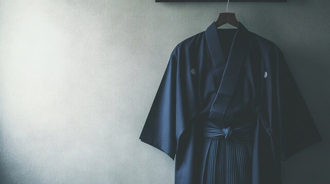 kamishimo. A formal Japanese kamishimo garment hanging on a hanger. event programs, museum guides, designed for cultural heritage projects and event programs.