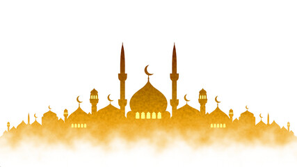 Golden mosque silhouette with dome and minarets on white background. Islamic background for Ramadan Kareem, Eid Mubarak, and Hajj. Elegant Arabic architecture illustration with misty clouds. © Sahrul