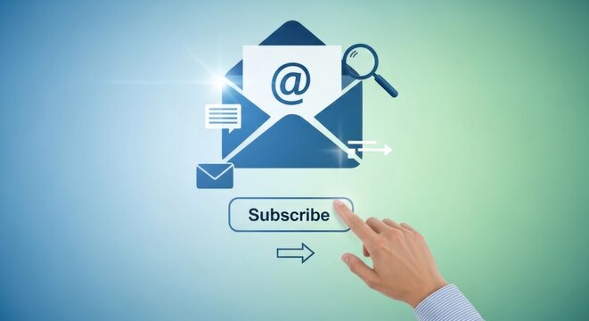 A hand is pressing a button with the word 'Subscribe' on it, against a blue and green background with a light shining on it.