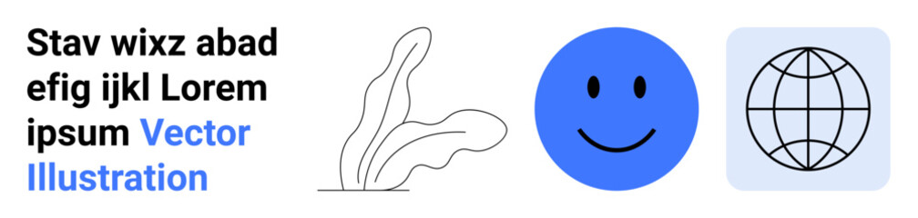 Obraz premium Communication, digital networks, global connectivity, creativity, social media, educational content. Bold blue happy face, globe icon and abstract plant forms. Communication and digital networks