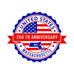 250 Years American Freedom Emblem, Massachusetts vector Badge with small state map