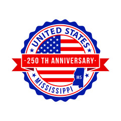 250 Years American Freedom Emblem, Mississippi vector Badge with small state map