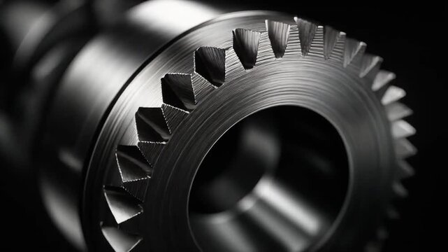 Close-up of a machine gear with intricate teeth and a smooth, metallic surface. Focused on details