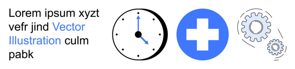 Obraz premium Scheduling, healthcare systems, workflow optimization, productivity, medical assistance, task management. Clock, blue medical cross and gear icons visually . Scheduling and healthcare systems